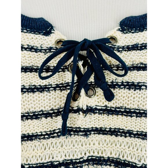 NWT Free People Navy White Striped Soft Knit Lace Up Sweater | Coastal Boho Prep - Picture 4 of 16